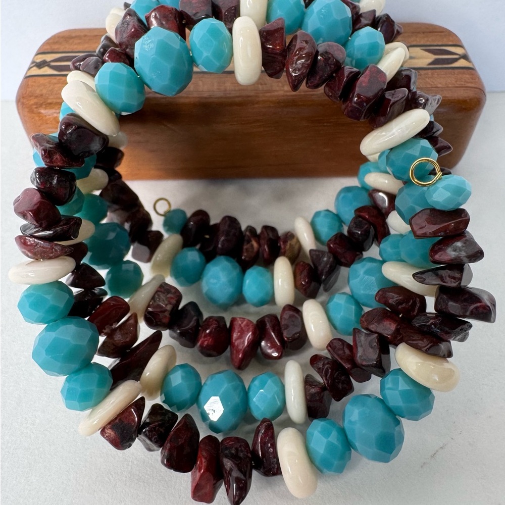 Hand Crafted Turquoise Glass, White Coral & Tiger Eye Gemstone Bracelet NWT - Picture 7 of 7